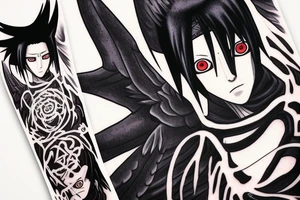Uchiha itachi wearing black, some raven fly around him tattoo idea