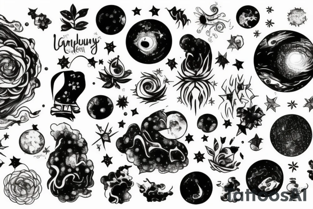 A galaxy with all the vegetation and a cloudy sky at sunset tattoo idea