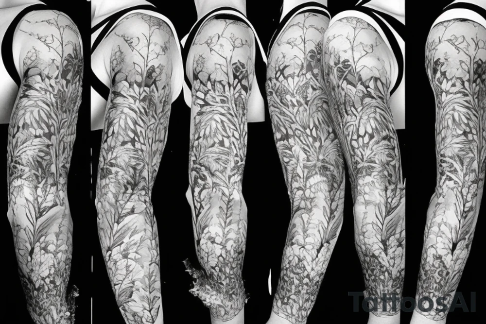 Jungle rainforest floral half sleeve tattoo idea