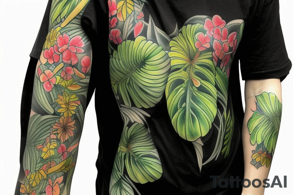 Jungle rainforest floral half sleeve tattoo idea