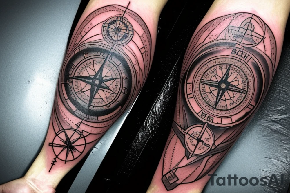 Please create an image of a forearm tattoo that incorporates a compass in the center, surrounded by a retro gaming console on one side and a modern gaming controller on the other. The background should feature a scenic view of mountains. Please include the quote "Adventure awaits, game on!" in a font that complements the design. The overall style of the tattoo should be intricate and detailed, with black and white colours that bring the mountains and the sky to life. tattoo idea