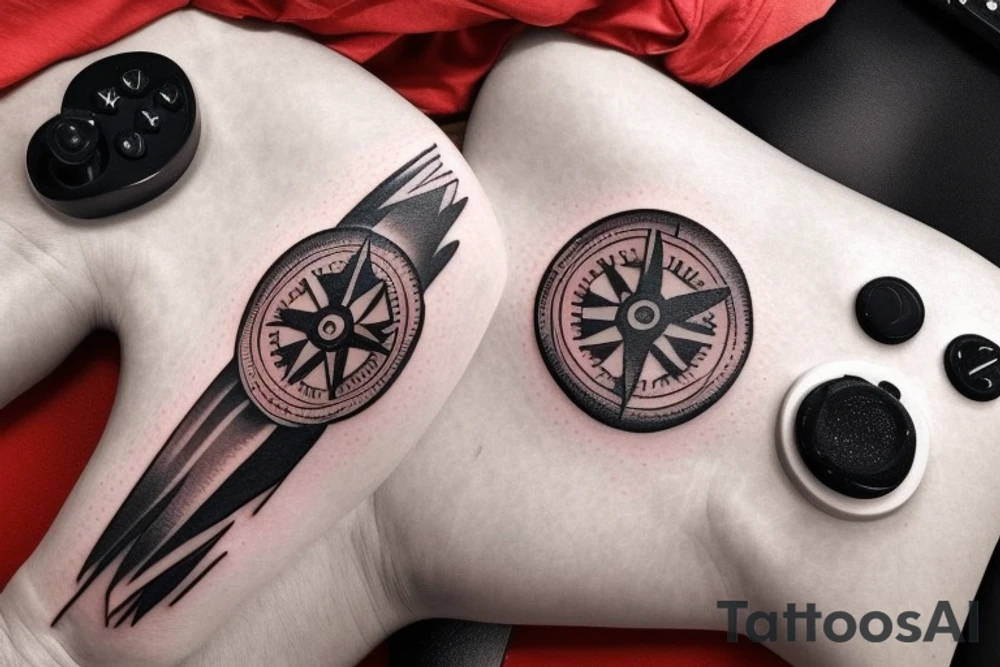 Please create an image of a forearm tattoo that incorporates a compass in the center, surrounded by a retro gaming console on one side and a modern gaming controller on the other. The background should feature a scenic view of mountains. Please include the quote "Adventure awaits, game on!" in a font that complements the design. The overall style of the tattoo should be intricate and detailed, with black and white colours that bring the mountains and the sky to life. tattoo idea