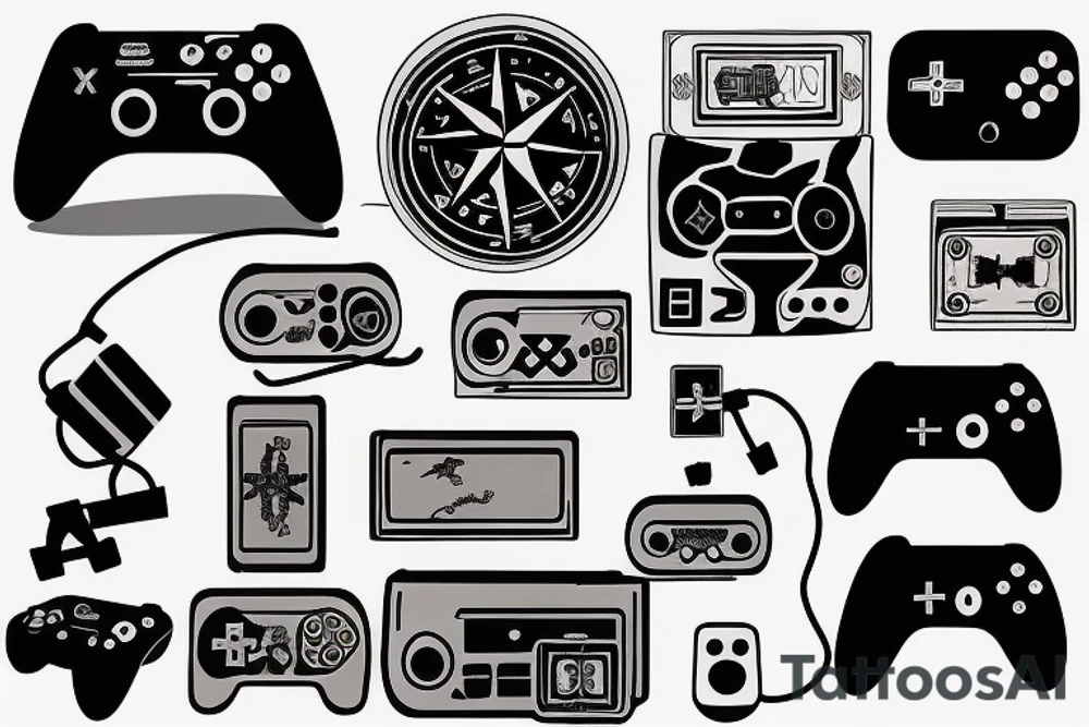 Please create an image of a forearm tattoo that incorporates a compass in the center, surrounded by a retro gaming console on one side and a modern gaming controller on the other. The background should feature a scenic view of mountains. Please include the quote "Adventure awaits, game on!" in a font that complements the design. The overall style of the tattoo should be intricate and detailed, with black and white colours that bring the mountains and the sky to life. tattoo idea