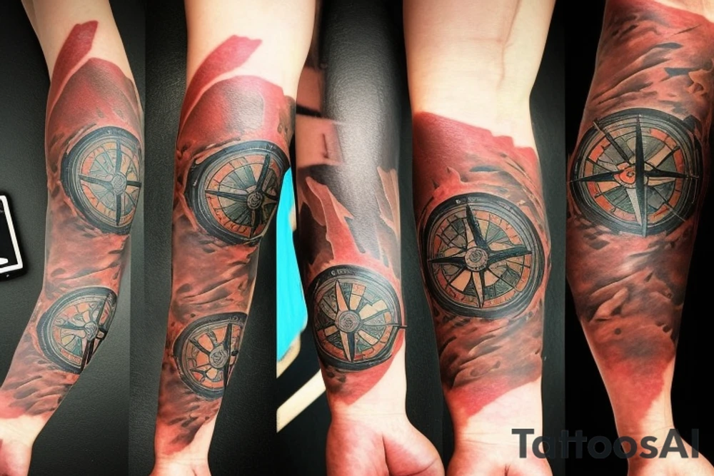 Please create an image of a forearm tattoo that incorporates a compass in the centre, surrounded by a retro gaming console on one side and a modern gaming controller on the other. The background should feature a scenic view of mountains. Please include the quote "Adventure awaits, game on!" in a font that complements the design. The overall style of the tattoo should be intricate and detailed, with black and white colours that bring the mountains and the sky to life. tattoo idea