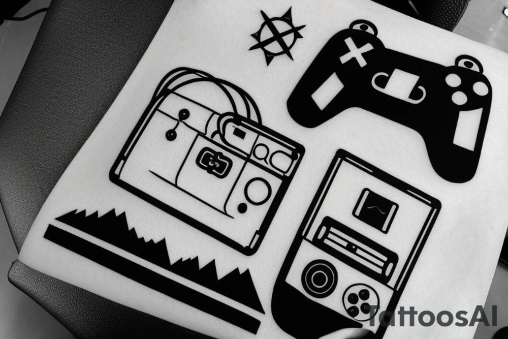 Please create an image of a forearm tattoo that incorporates a compass in the centre, surrounded by a retro gaming console on one side and a modern gaming controller on the other. The background should feature a scenic view of mountains. Please include the quote "Adventure awaits, game on!" in a font that complements the design. The overall style of the tattoo should be intricate and detailed, with black and white colours that bring the mountains and the sky to life. tattoo idea