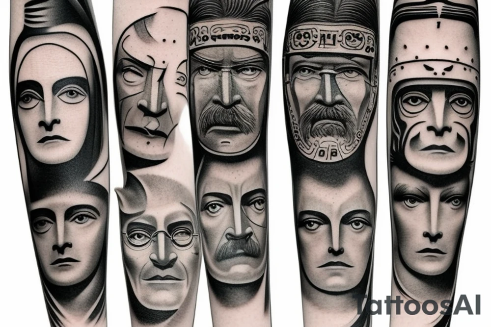 Totem pole with recognisable images of three faces: Carl Jung, Herman Hesse and Fridrich Nietzsche tattoo idea