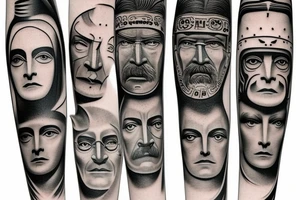 Totem pole with recognisable images of three faces: Carl Jung, Herman Hesse and Fridrich Nietzsche tattoo idea