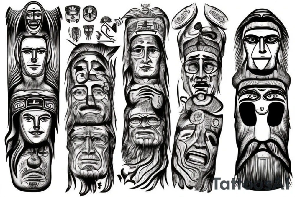 Totem pole with recognisable images of three faces: Carl Jung, Herman Hesse and Fridrich Nietzsche tattoo idea