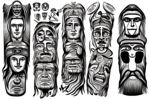 Totem pole with recognisable images of three faces: Carl Jung, Herman Hesse and Fridrich Nietzsche tattoo idea