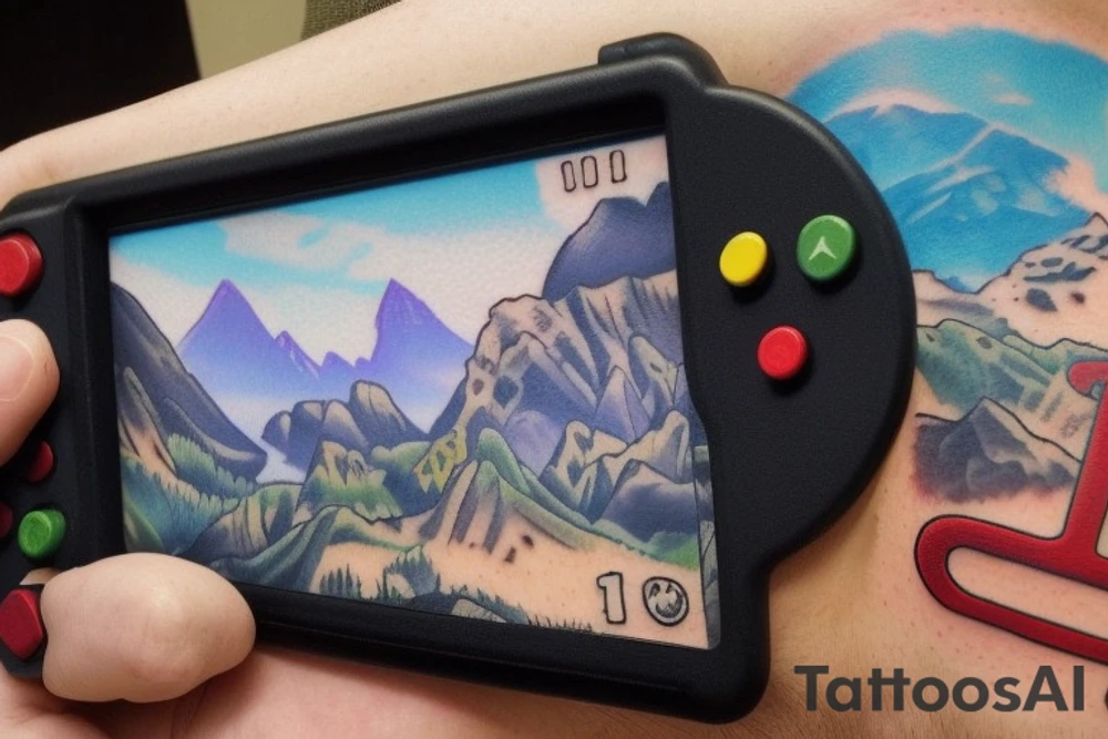 Please create an image of a forearm tattoo that incorporates a realistic compass on the forearm, with a retro gaming console on one side and a modern gaming controller on the other. In the background, please feature a scenic view of mountains with peaks and valleys that capture the beauty of nature. Please include the quote "Adventure awaits, game on!" in a font that complements the design, and place it just below the mountains. The overall style of the tattoo should be realistic and detailed, with vibrant colours that bring the mountains and the sky to life. tattoo idea