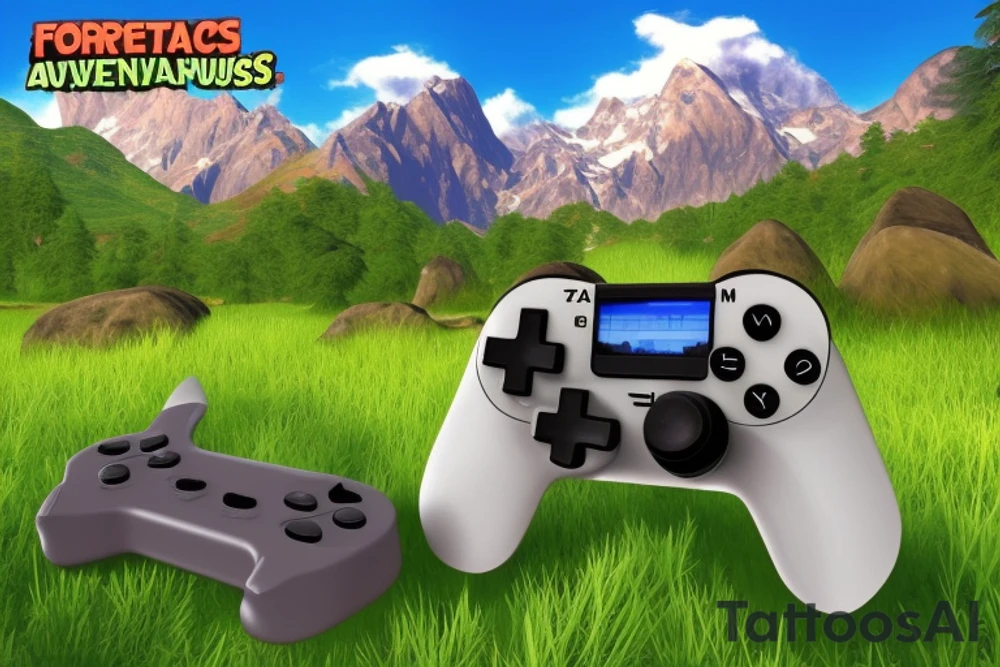 Please create an image of a forearm tattoo that incorporates a realistic compass on the forearm, with a retro gaming console on one side and a modern gaming controller on the other. In the background, please feature a scenic view of mountains with peaks and valleys that capture the beauty of nature. Please include the quote "Adventure awaits, game on!" in a font that complements the design, and place it just below the mountains. The overall style of the tattoo should be realistic and detailed, with vibrant colours that bring the mountains and the sky to life. tattoo idea