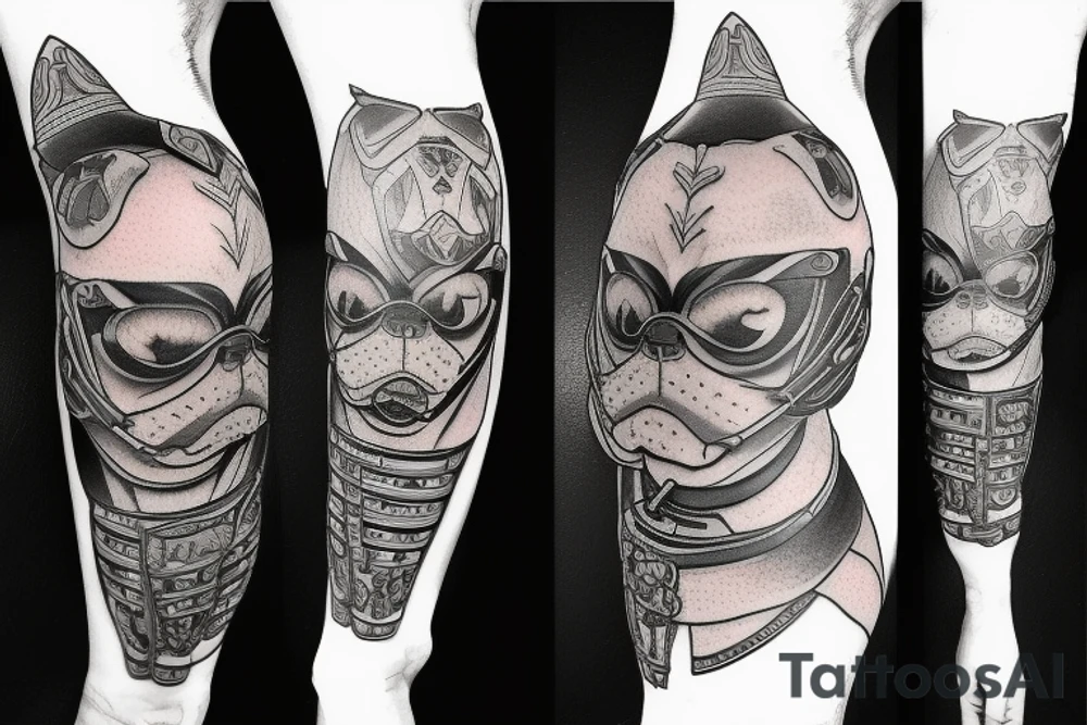 pug standing on 2 feet with full samurai armor tattoo idea