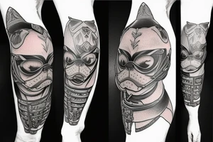 pug standing on 2 feet with full samurai armor tattoo idea