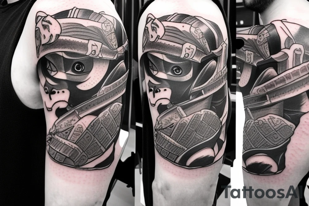 pug standing on 2 feet with full samurai armor tattoo idea