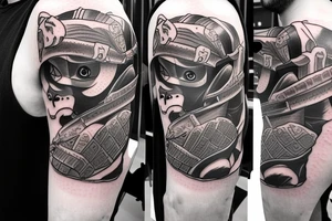 pug standing on 2 feet with full samurai armor tattoo idea