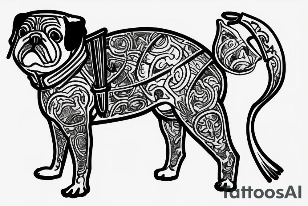 pug standing on 2 feet with full samurai armor minimalist drawning tattoo idea