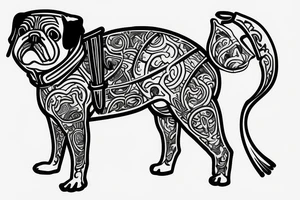 pug standing on 2 feet with full samurai armor minimalist drawning tattoo idea