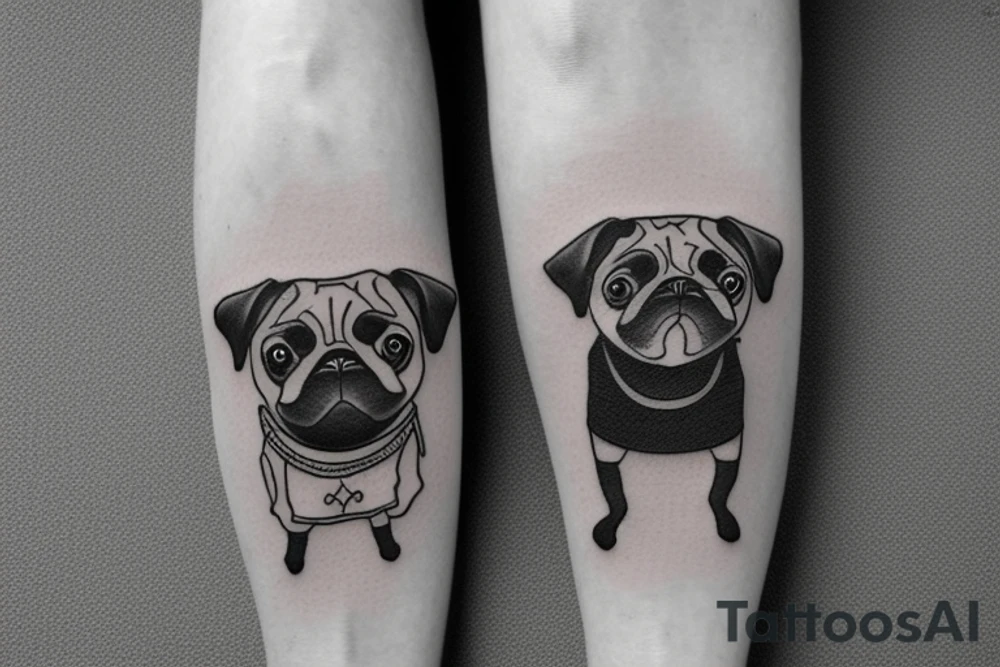pug standing on 2 feet with full samurai armor minimalist drawning tattoo idea