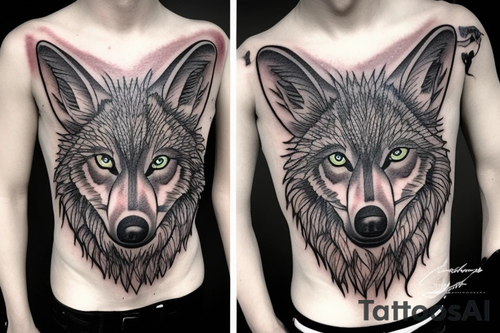Wolfkopf. Der Wolfkopf ist auf einer Seite ultra Realistisch und auf der anderen Seite sketchy. Der Wolfkopf ist in der Mitte geteilt tattoo idea