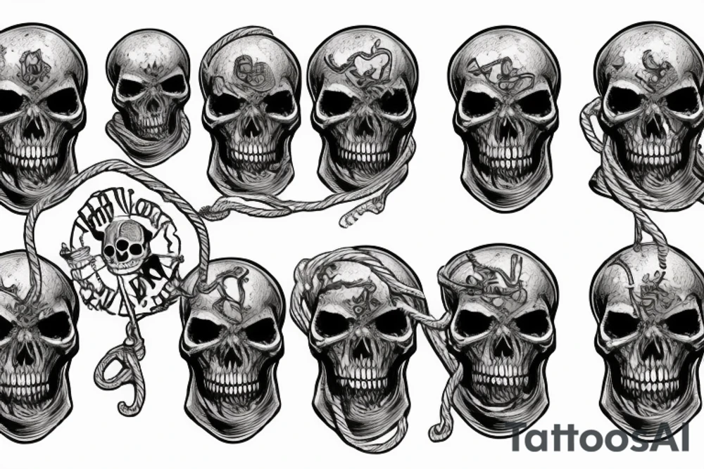 a split skull, a statue of justice tied with ropes, being devoured by worms in a sea of money tattoo idea