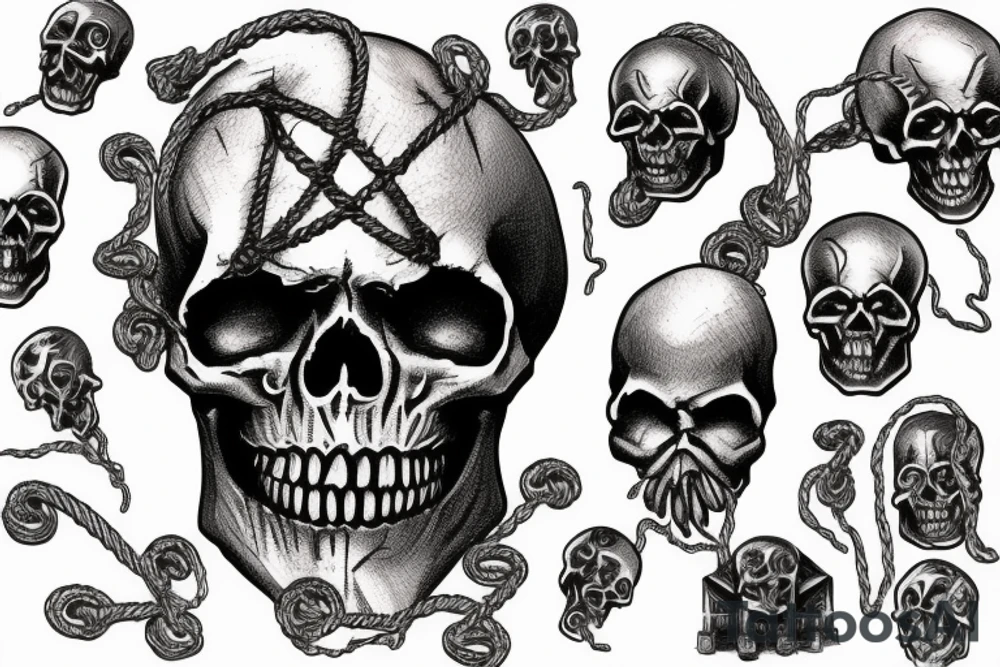 a split skull, a statue of justice tied with ropes, being devoured by worms in a sea of money tattoo idea