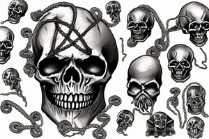 a split skull, a statue of justice tied with ropes, being devoured by worms in a sea of money tattoo idea