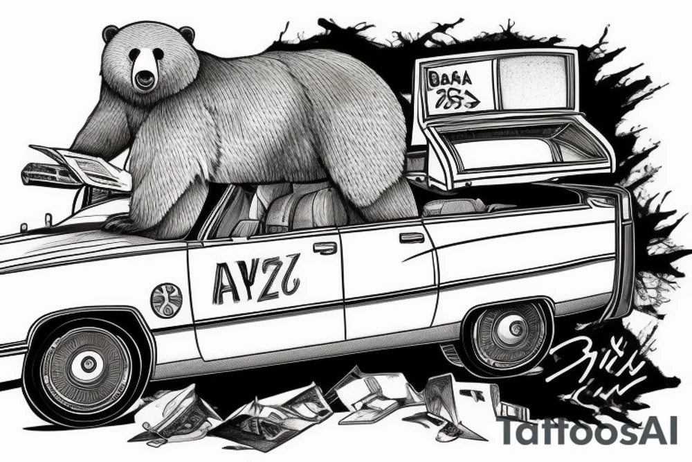 A bear driving a Cadillac flies off a river bluff, where under the bluff a crocodile calls from a phone booth home to his mother tattoo idea