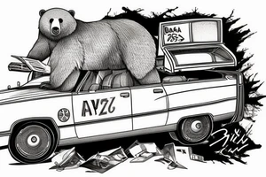 A bear driving a Cadillac flies off a river bluff, where under the bluff a crocodile calls from a phone booth home to his mother tattoo idea