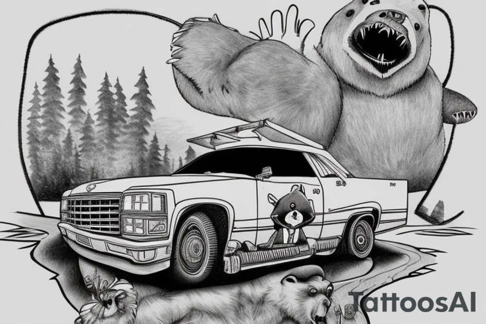 A bear driving a Cadillac flies off a river bluff, where under the bluff a crocodile calls from a phone booth home to his mother tattoo idea