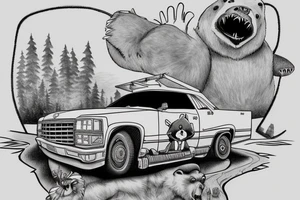 A bear driving a Cadillac flies off a river bluff, where under the bluff a crocodile calls from a phone booth home to his mother tattoo idea