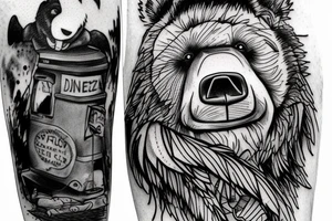 A bear driving a Cadillac flies off a river bluff, where under the bluff a crocodile calls from a phone booth home to his mother tattoo idea