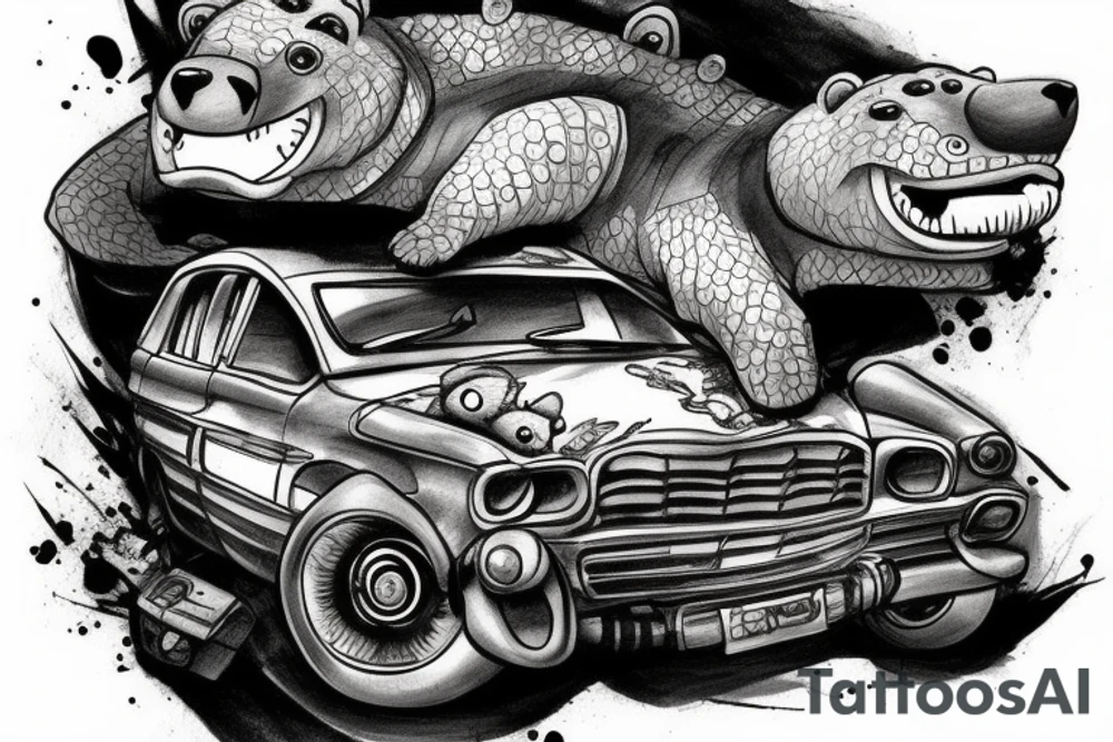 A bear driving a car falls off a cliff where a crocodile with a phone is located tattoo idea