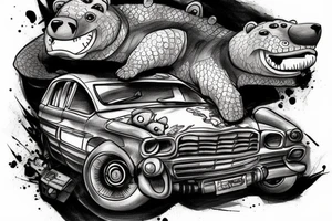 A bear driving a car falls off a cliff where a crocodile with a phone is located tattoo idea