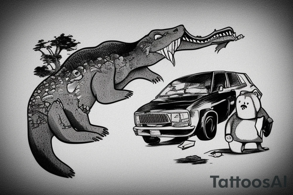 A bear driving a car falls off a cliff where a crocodile with a phone is located tattoo idea