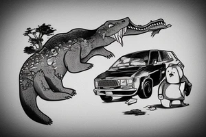A bear driving a car falls off a cliff where a crocodile with a phone is located tattoo idea