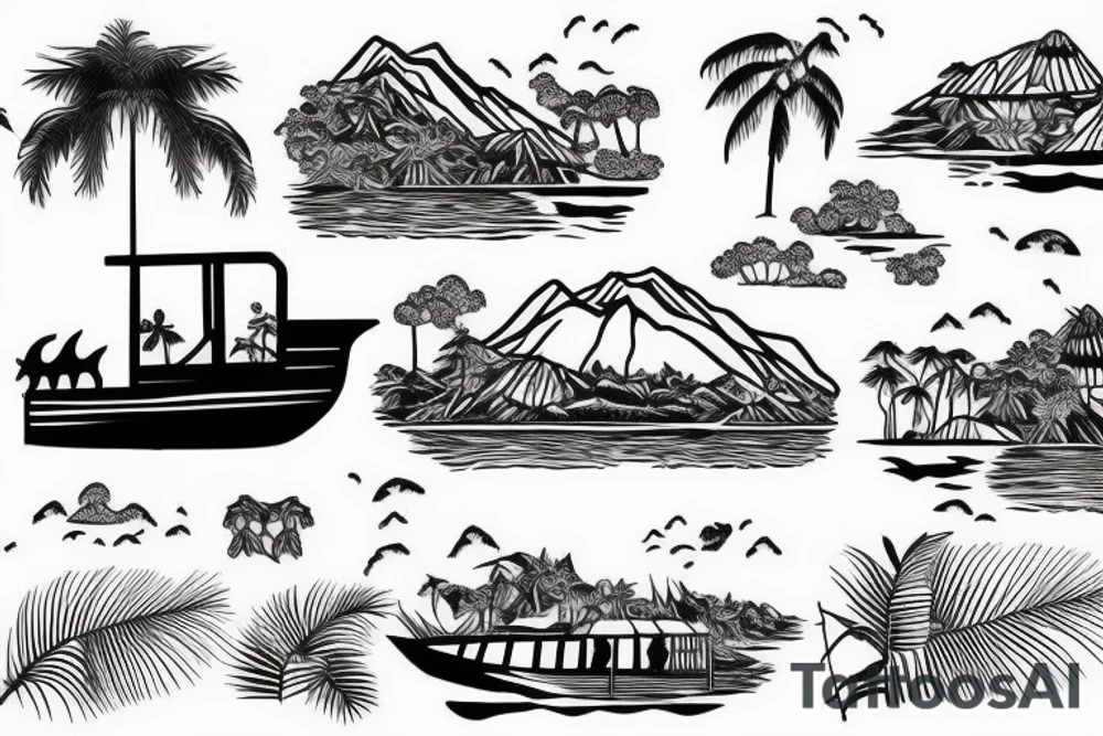 Boat going up a river though a jungle with tigers and pandas on the banks with huts hidden in the jungle, going up to a rockie waterfall with a sunset in the background tattoo idea