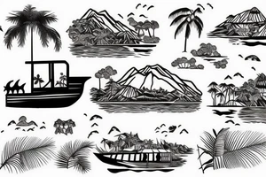 Boat going up a river though a jungle with tigers and pandas on the banks with huts hidden in the jungle, going up to a rockie waterfall with a sunset in the background tattoo idea