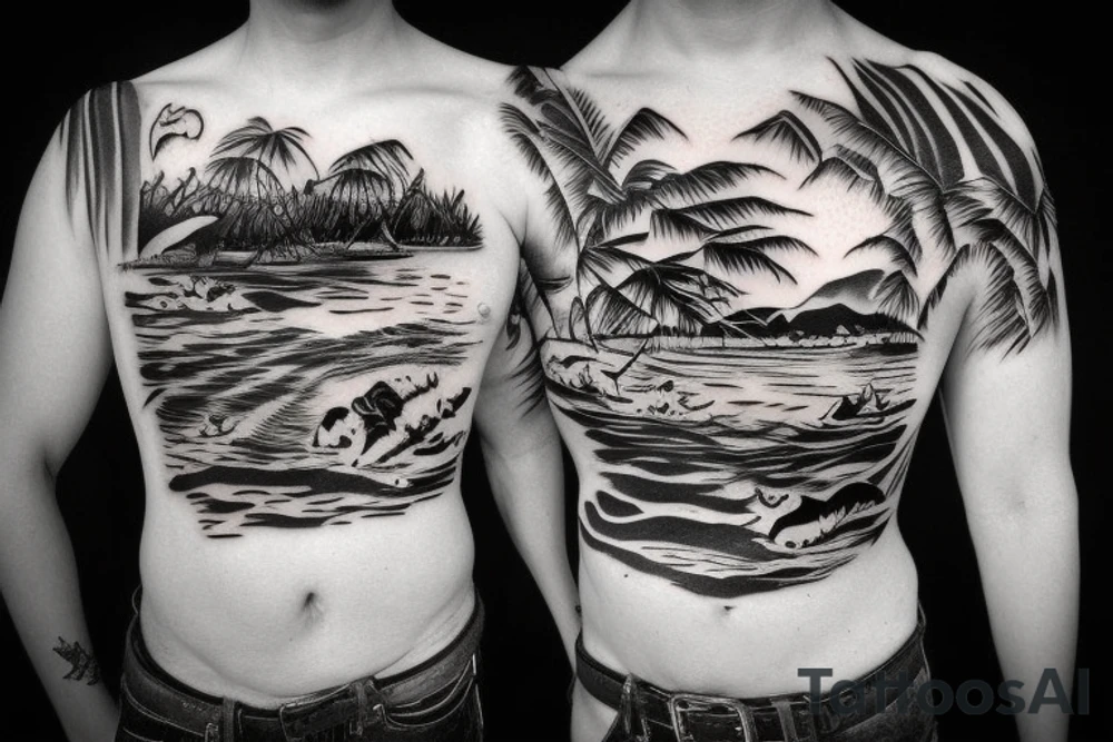 Boat going up a river though a jungle with tigers and pandas on the banks with huts hidden in the jungle, going up to a rockie waterfall with a sunset in the background tattoo idea