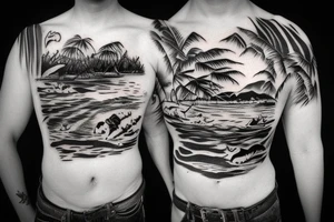 Boat going up a river though a jungle with tigers and pandas on the banks with huts hidden in the jungle, going up to a rockie waterfall with a sunset in the background tattoo idea