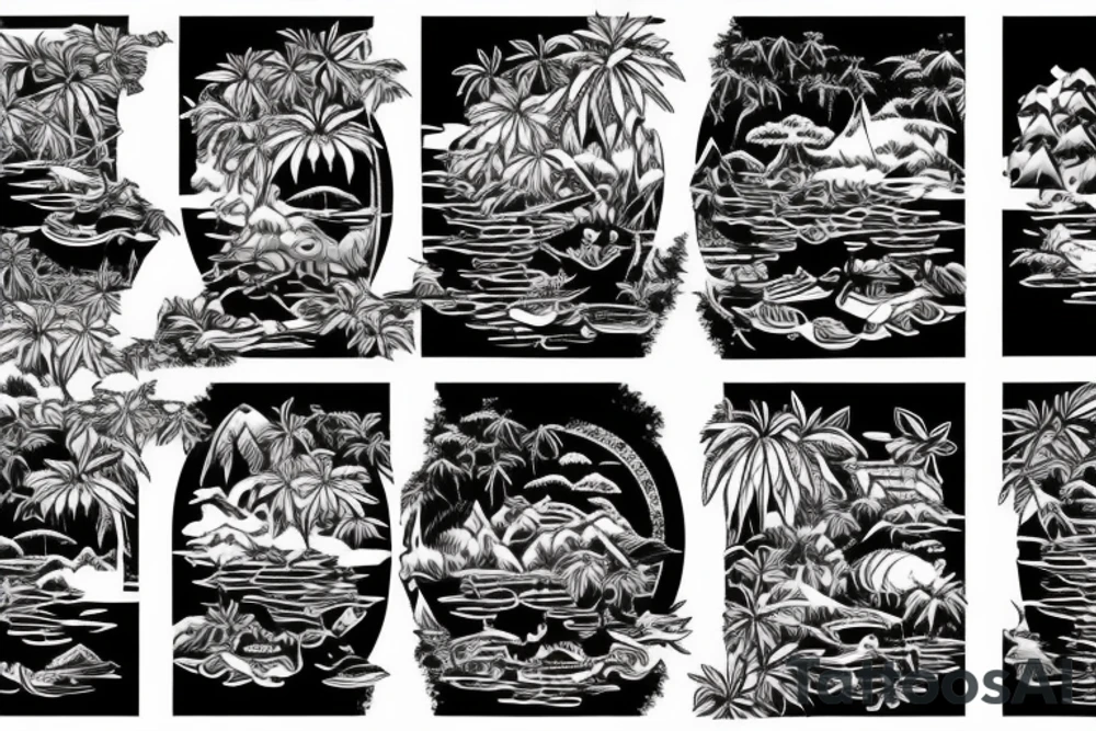 Boat going up a river though a jungle with tigers and pandas on the banks with huts hidden in the jungle, going up to a rockie waterfall with a sunset in the background tattoo idea