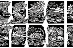 Boat going up a river though a jungle with tigers and pandas on the banks with huts hidden in the jungle, going up to a rockie waterfall with a sunset in the background tattoo idea