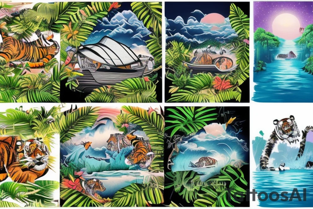 Boat going up a river though a jungle with tigers and pandas on the banks with huts hidden in the jungle, going up to a rockie waterfall with a sunset in the background tattoo idea