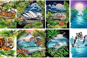 Boat going up a river though a jungle with tigers and pandas on the banks with huts hidden in the jungle, going up to a rockie waterfall with a sunset in the background tattoo idea
