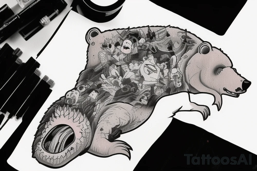 Bear driving a car falls down crushing a crocodile tattoo idea