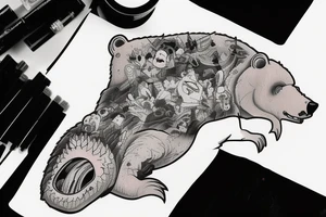Bear driving a car falls down crushing a crocodile tattoo idea