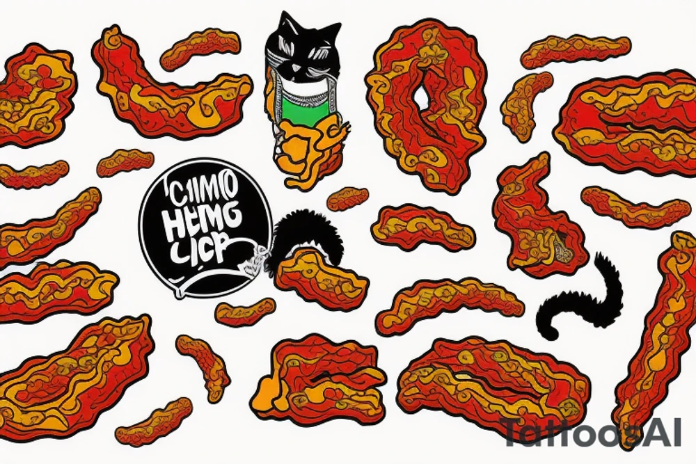 flaming hot cheetos bag with a cat in it tattoo idea