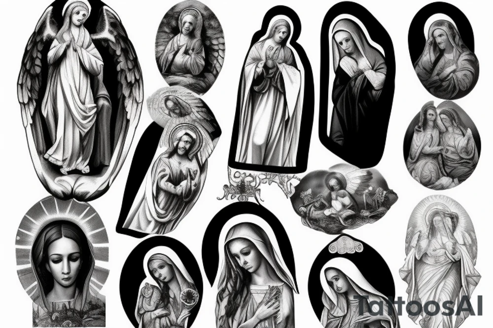 Virgin Mary, biblical, black and white, realistic, angels tattoo idea
