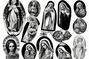 Virgin Mary, biblical, black and white, realistic, angels tattoo idea
