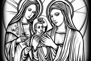 Virgin Mary, biblical, black and white, realistic, angels tattoo idea