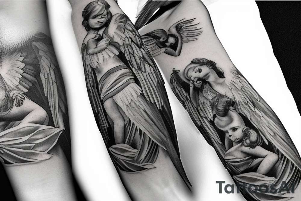 biblical, black and white, realistic, angels tattoo idea